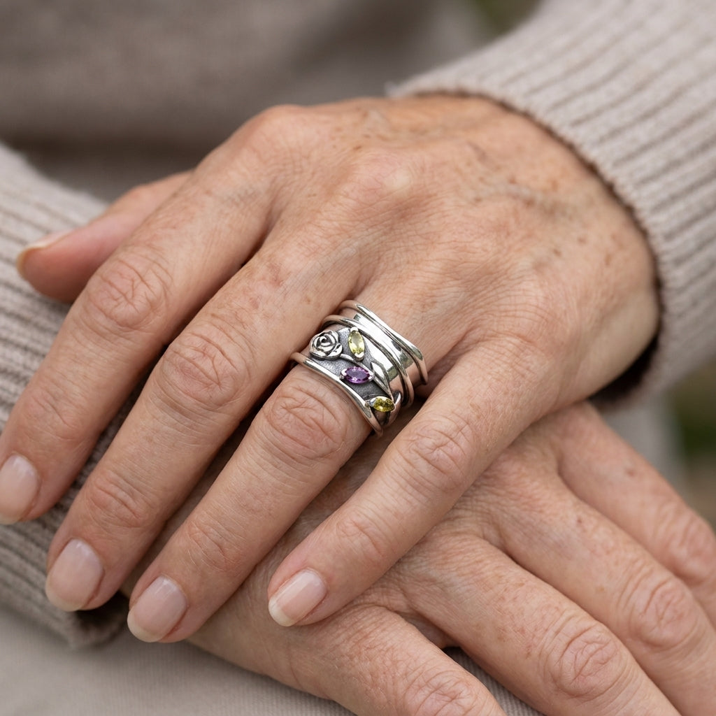 rose flower fidget ring with green and purple amethyst asr9667 — lifestyle