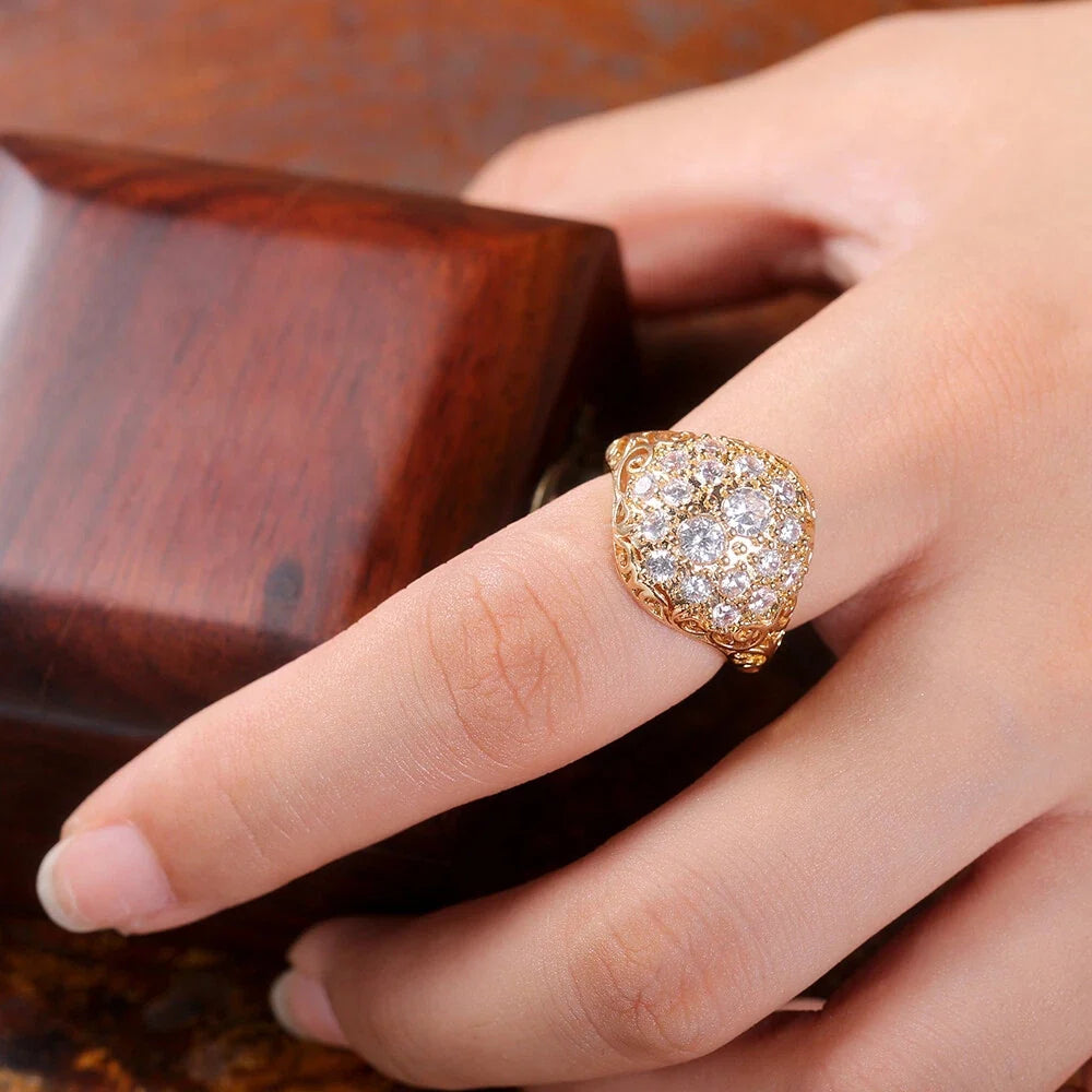 Gold Pavé Diamond Cocktail Ring with Vintage Filigree Band and Cushion Cluster Setting