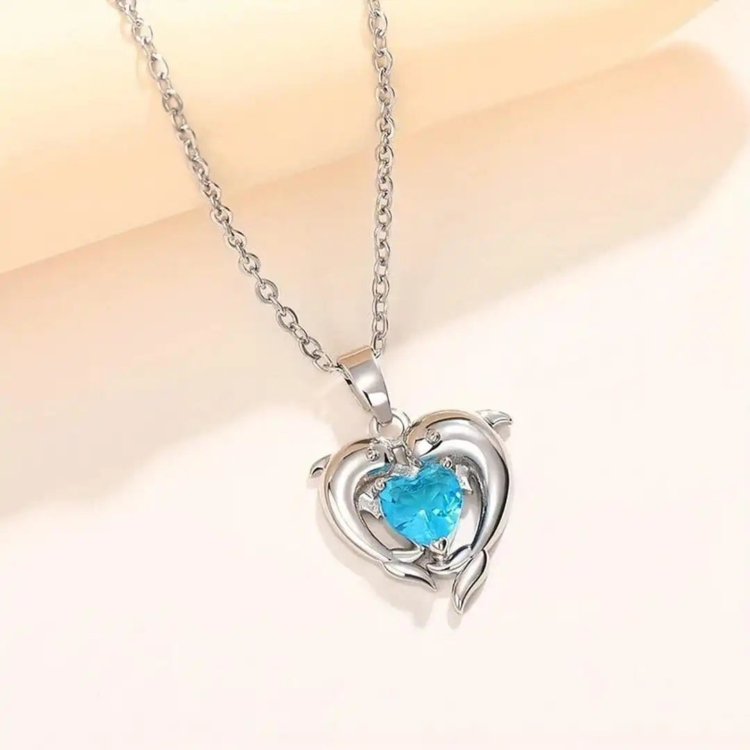 Dolphin Heart Blue Crystal Pendant Necklace with Silver-Tone Chain — view 2