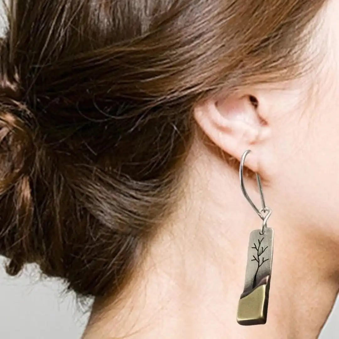 Engraved Branch Drop Earrings with Silver and Brass-Tone Finish — view 2