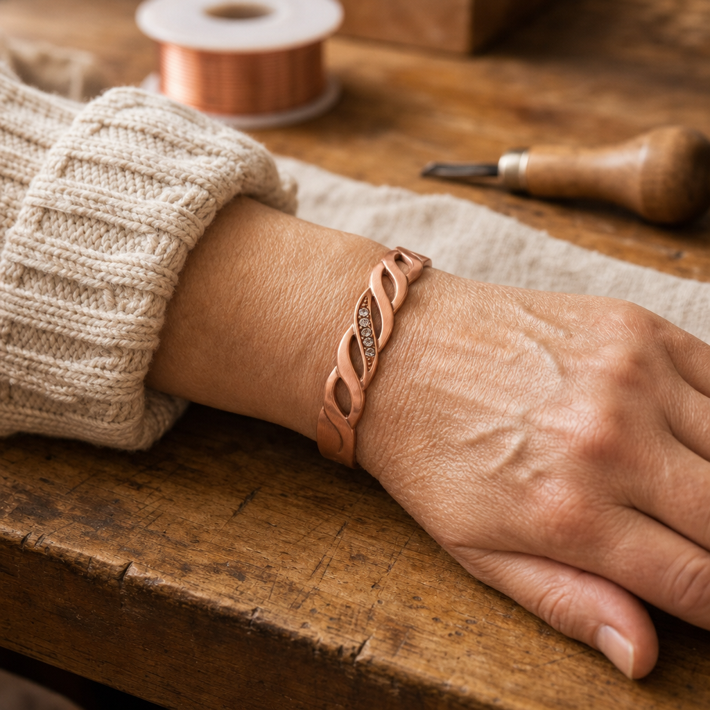 Copper Cuff Bracelet with Twisted Crystal Design, Rose Copper Finish, Adjustable Wellness Bangle — view 2