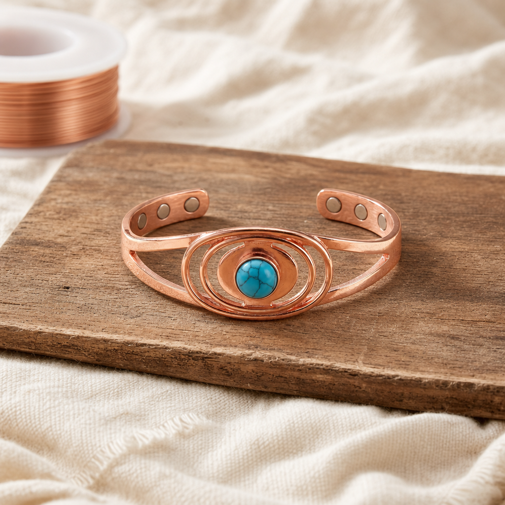 Copper Cuff Bracelet with Turquoise Stone, Adjustable Open Design, Hand-Shaped Copper Jewelry — main image