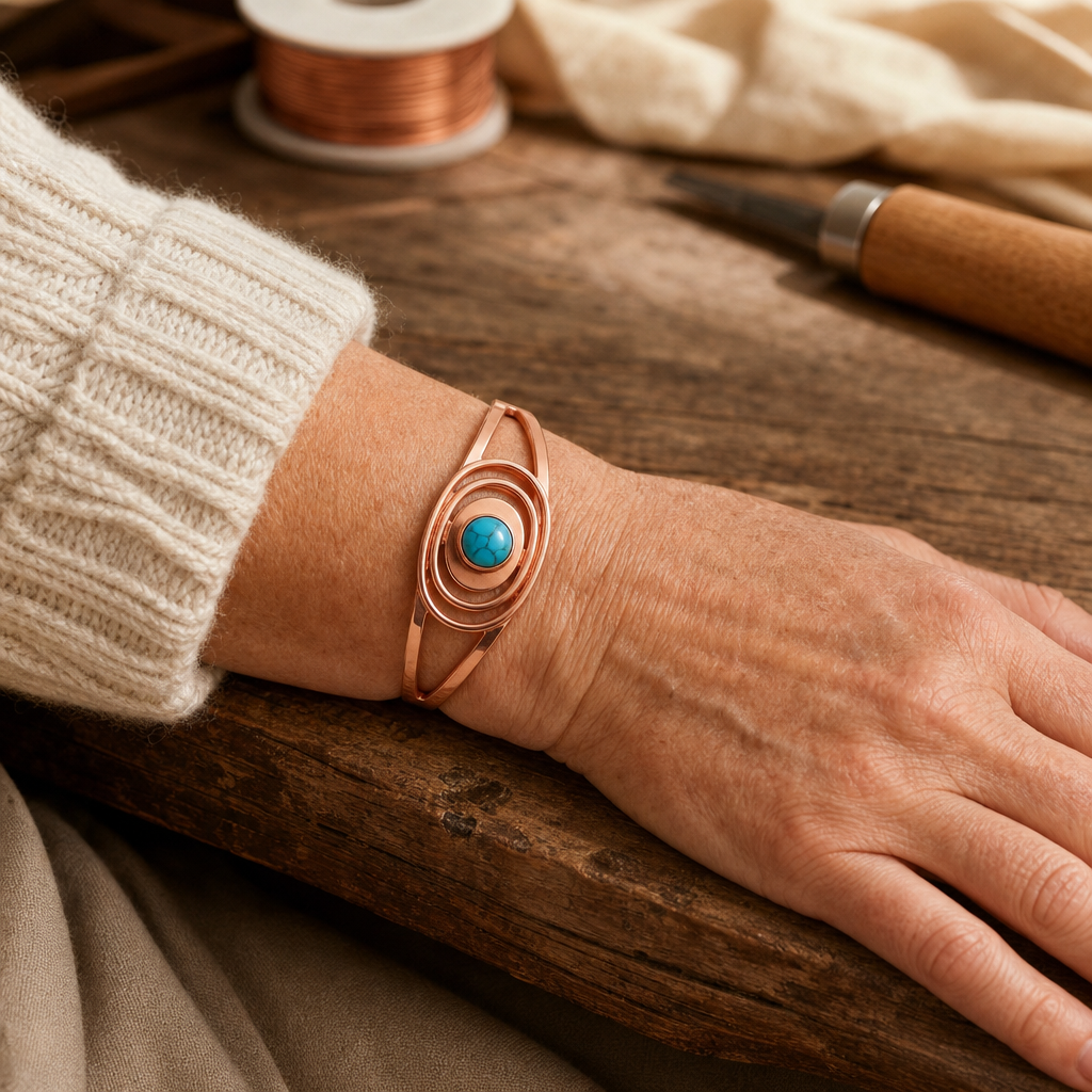 Copper Cuff Bracelet with Turquoise Stone, Adjustable Open Design, Hand-Shaped Copper Jewelry — view 2