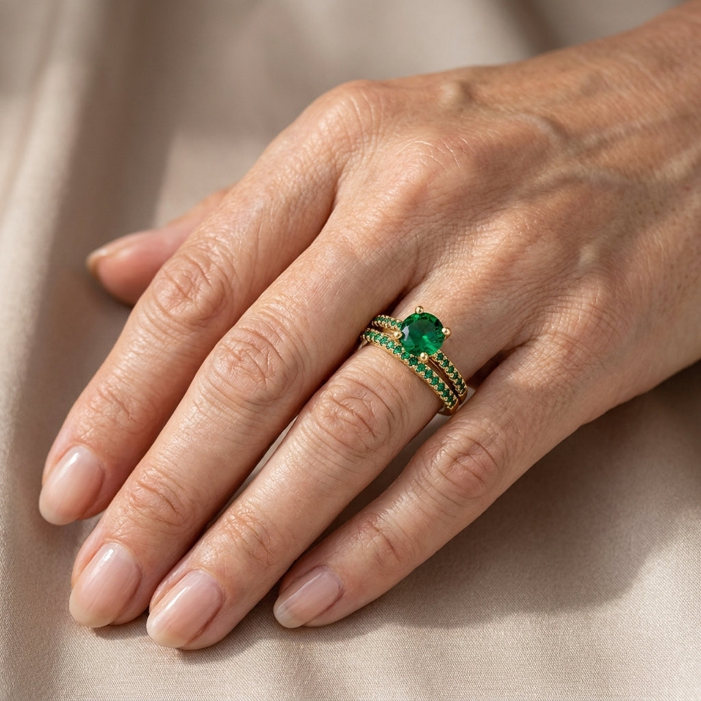 serena emerald duo ring set gold 18k — lifestyle
