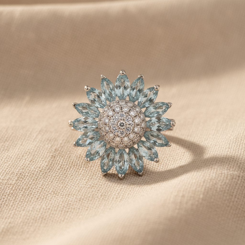 silver blue topaz flower ring — studio
