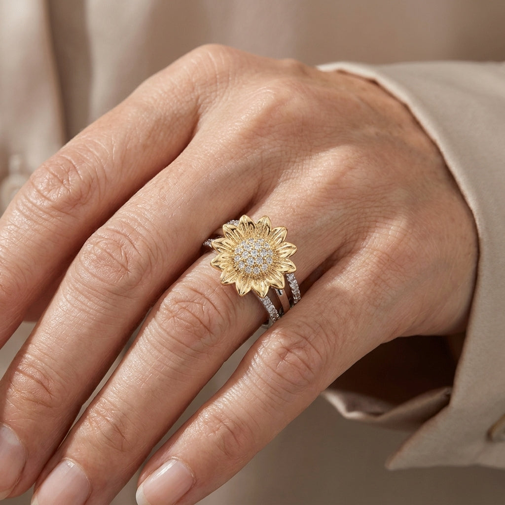 silver gold sunflower diamond ring — lifestyle