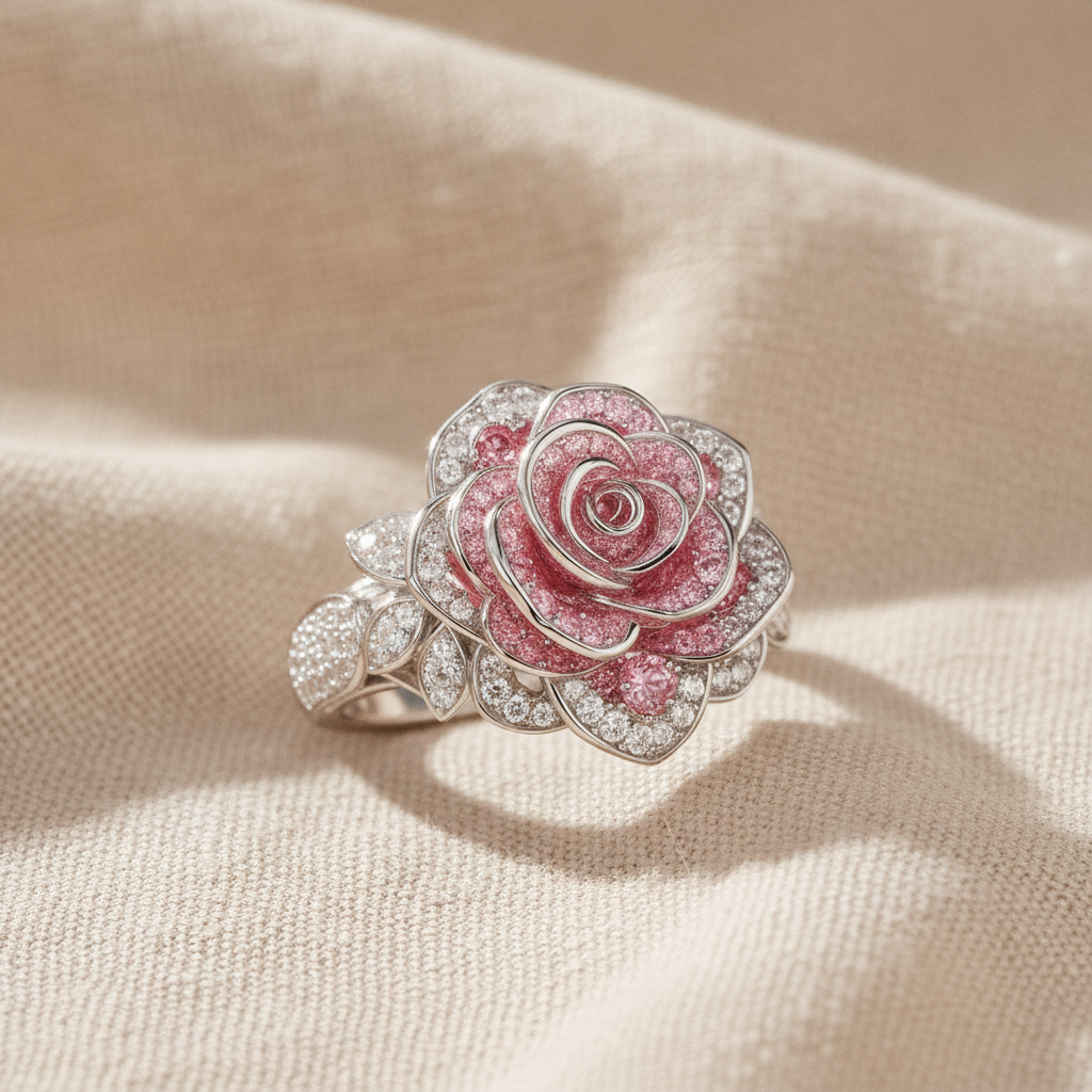 silver pink rose ring — studio