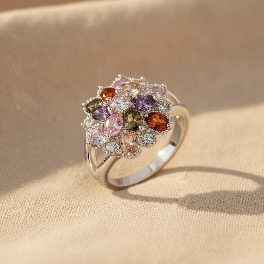 silver rainbow gemstone burst ring — studio