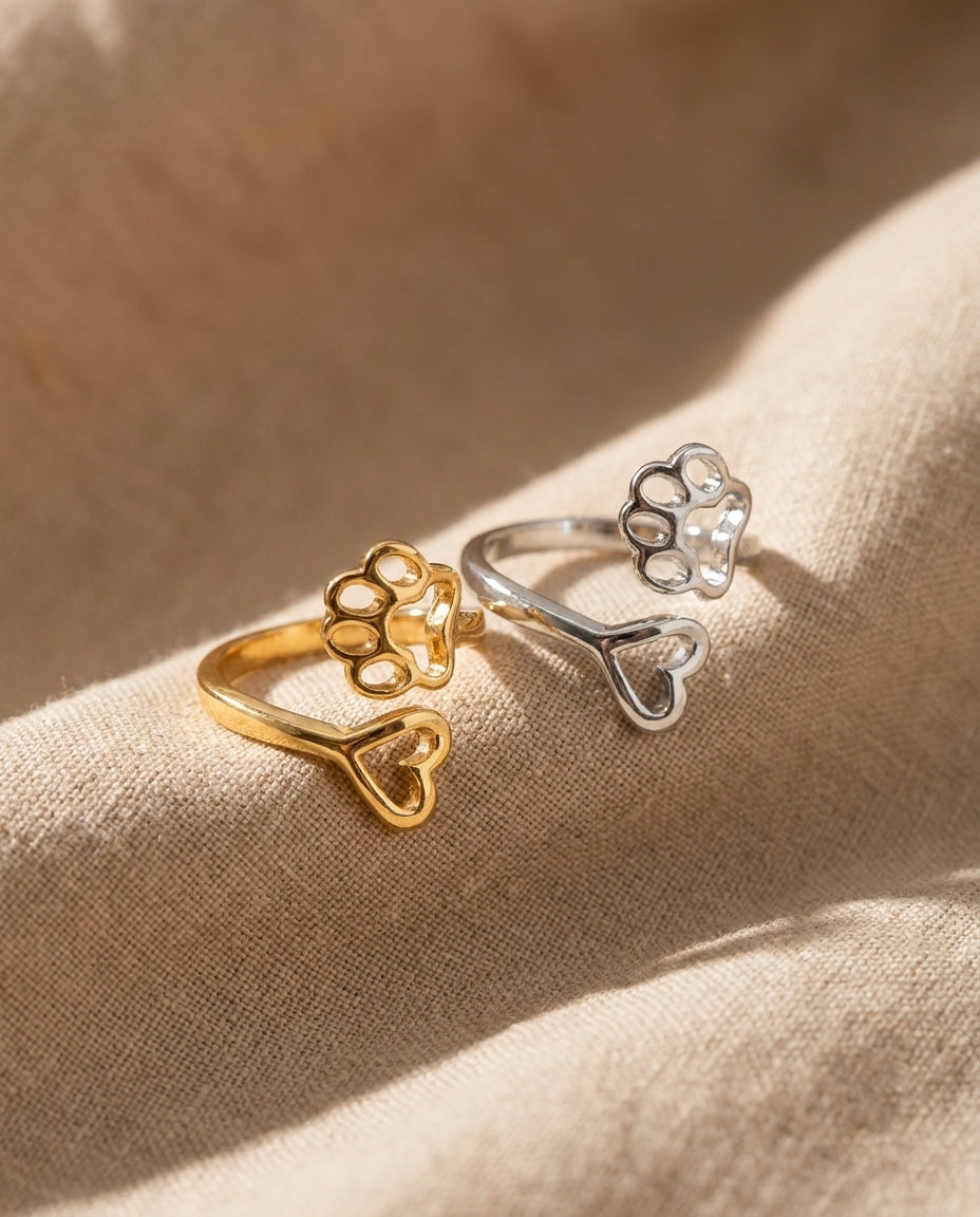 Estelle & Ruby Dog Paw Heart Ring - Adjustable Open Band Alloy Fashion Ring in Gold or Silver (AI-generated studio image)