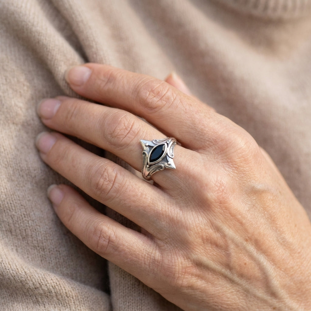 simple retro boho open adjustable index finger ring black ring — lifestyle