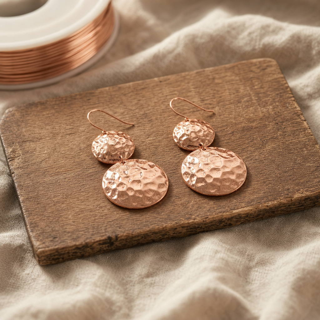 Hammered Copper Drop Earrings with Two-Tiered Discs, Handcrafted 99.9% Pure Copper — main image