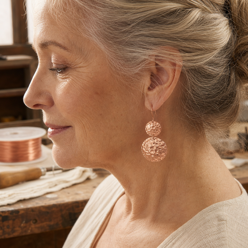 Hammered Copper Drop Earrings with Two-Tiered Discs, Handcrafted 99.9% Pure Copper — view 2