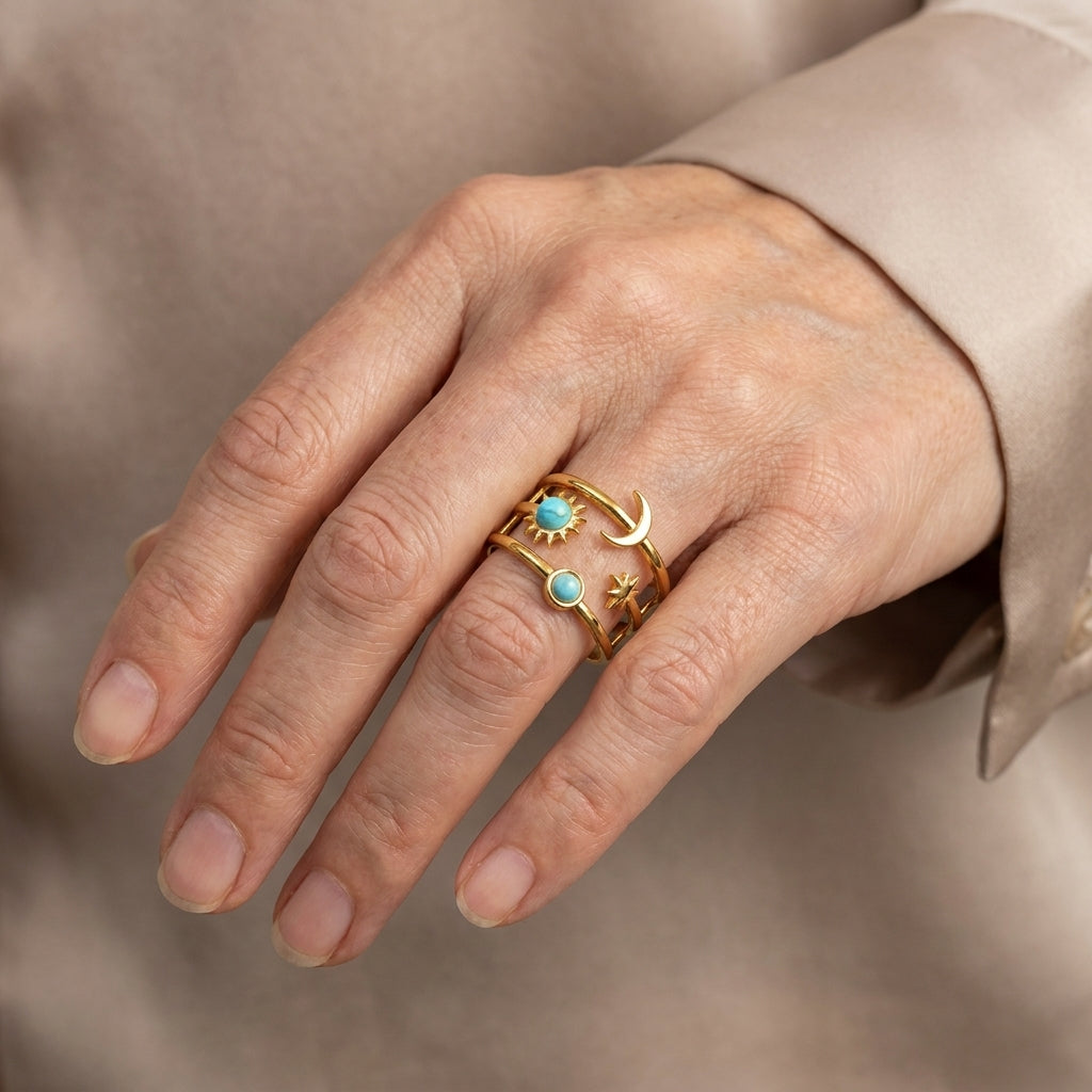 soluna turquoise orbit ring gold — lifestyle