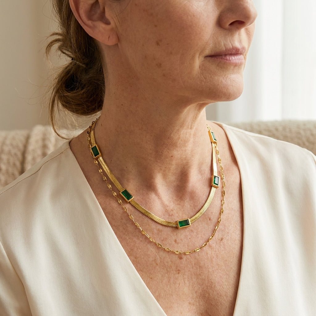 sorella gem double layer retro necklace gold 18k — lifestyle