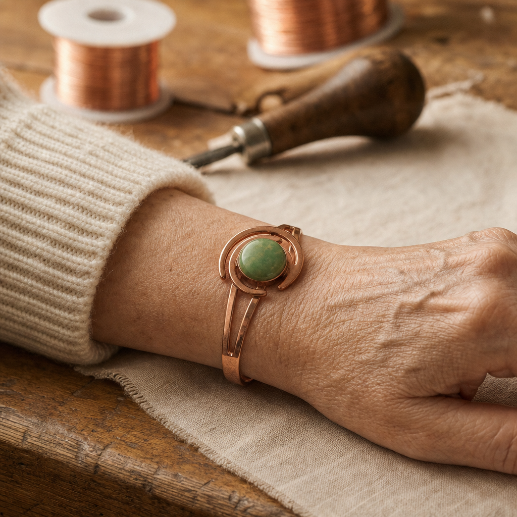 Bracelet Green Copper Crescent Moon Cuff — Adjustable Green Stone Cuff Bracelet — view 2