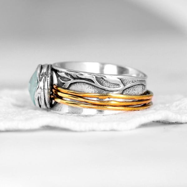 Aquamarine Leaf Spinner Ring in Sterling Silver with Gold-Tone Accents