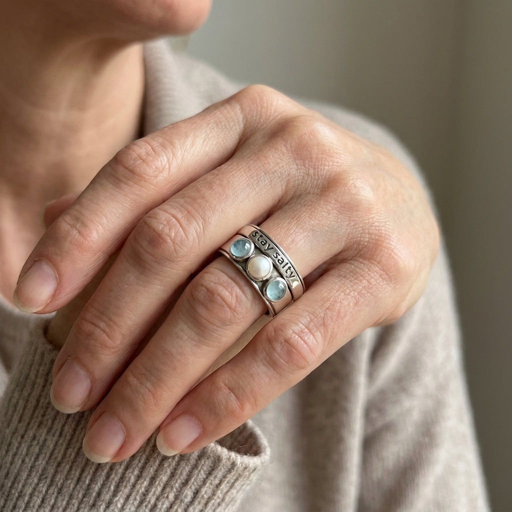 stay salty pearl and aquamarine fidget ring asr9762 — lifestyle