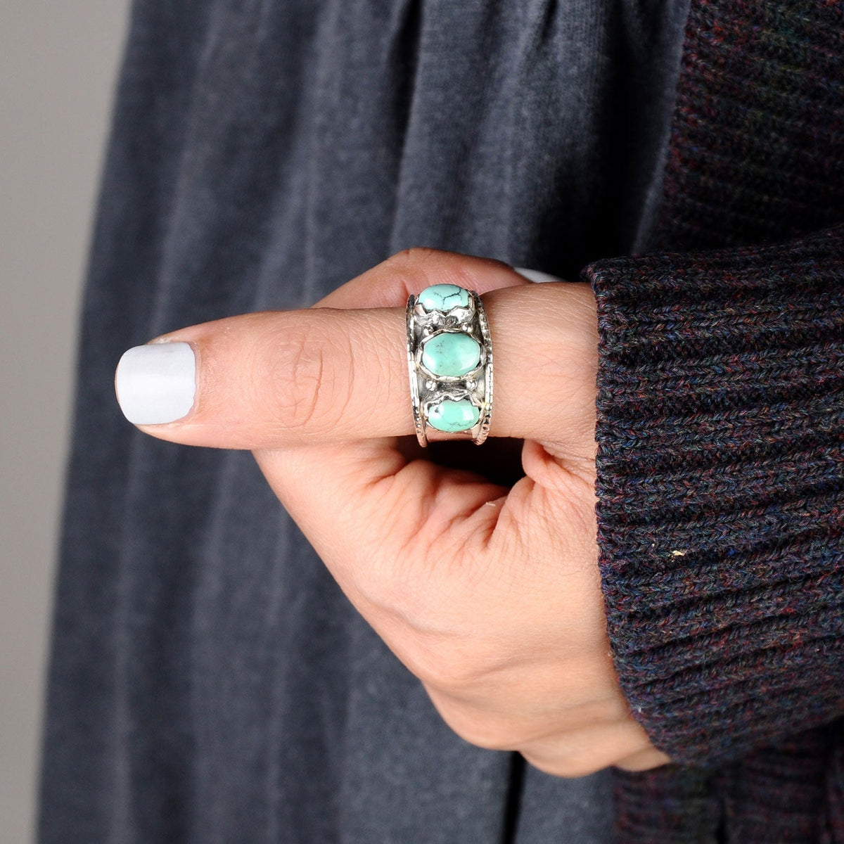 Three-Stone Oval Turquoise Ring, Wide Sterling Silver Band