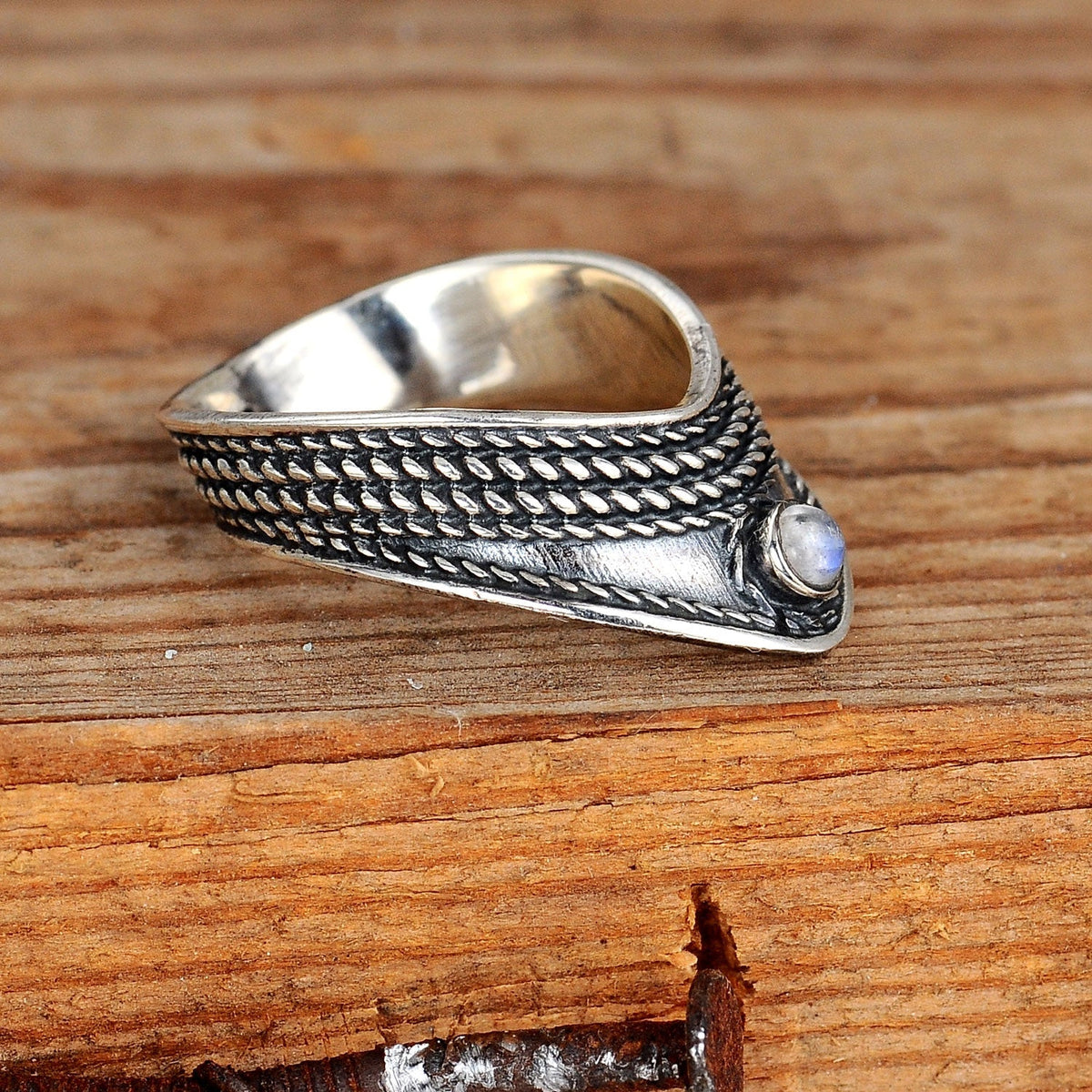 Chevron Rainbow Moonstone Ring with Oxidized Silver Band