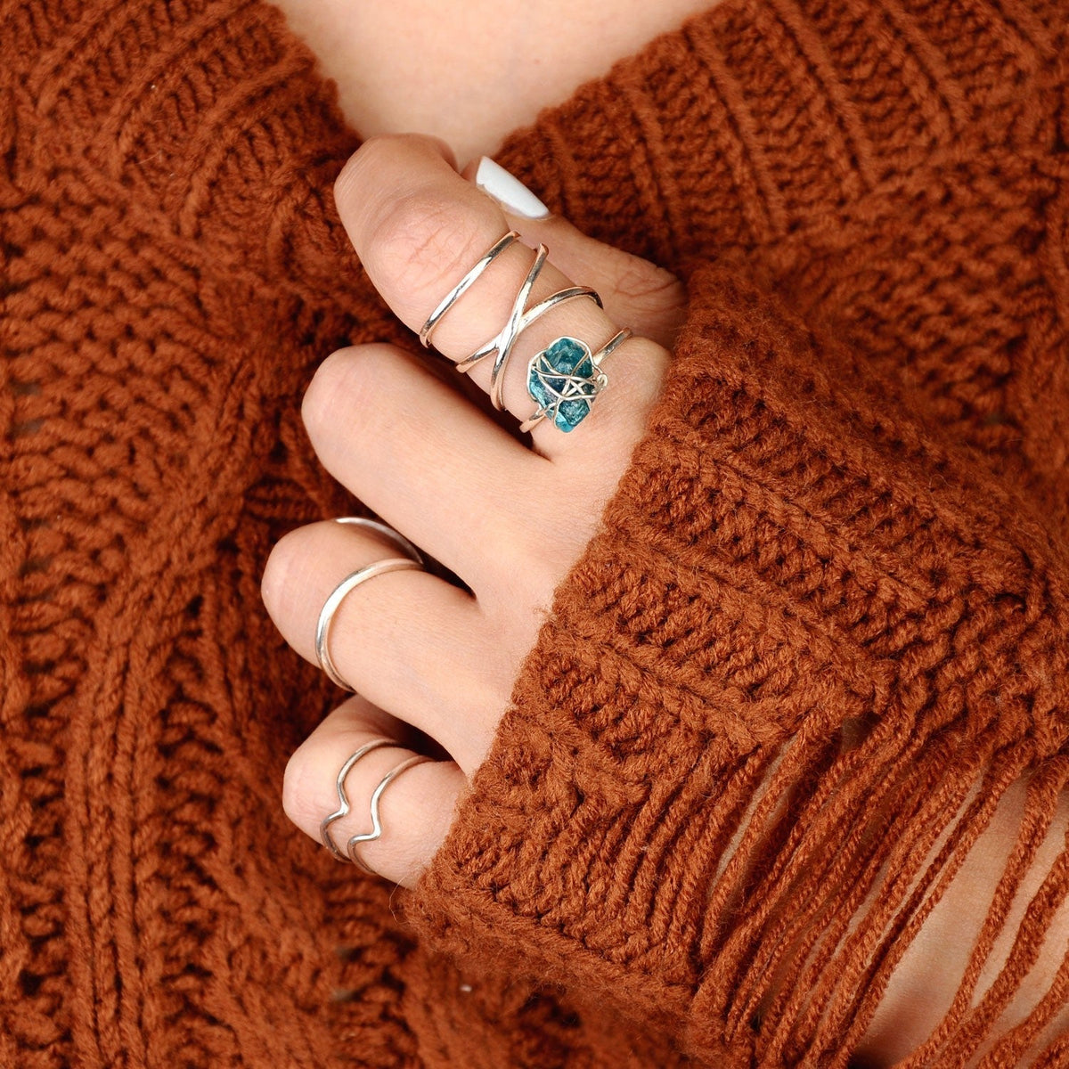 Raw Apatite Spiral Wire-Wrapped Ring in Sterling Silver