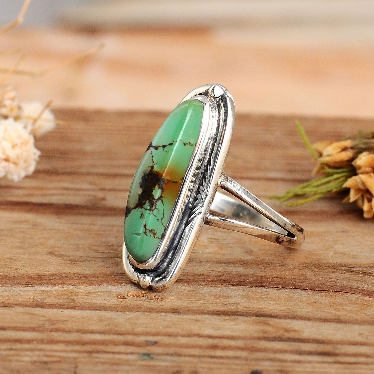 Oval Turquoise Ring with Ornate Sterling Silver Bezel
