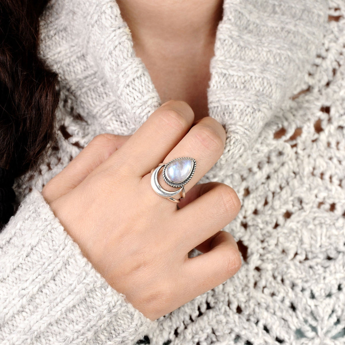 Crescent Moon Rainbow Moonstone Ring with Twisted Rope Bezel
