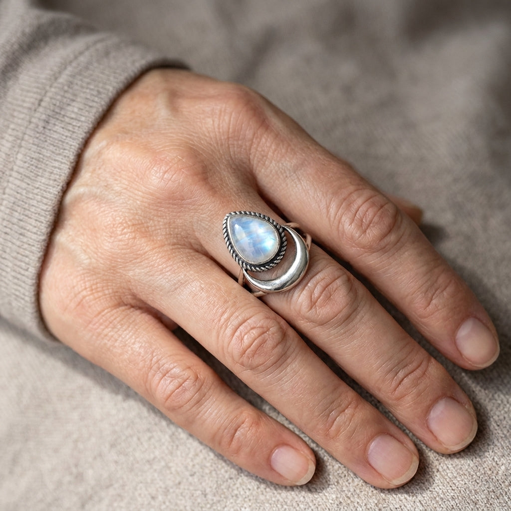 sterling silver crescent moon moonstone ring asr8843 — lifestyle