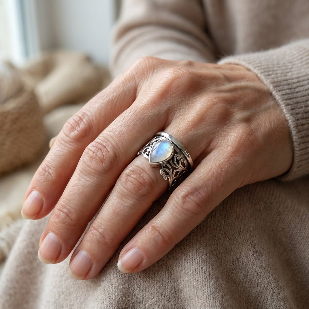 sterling silver spinner teardrop moonstone ring asr9353 — lifestyle