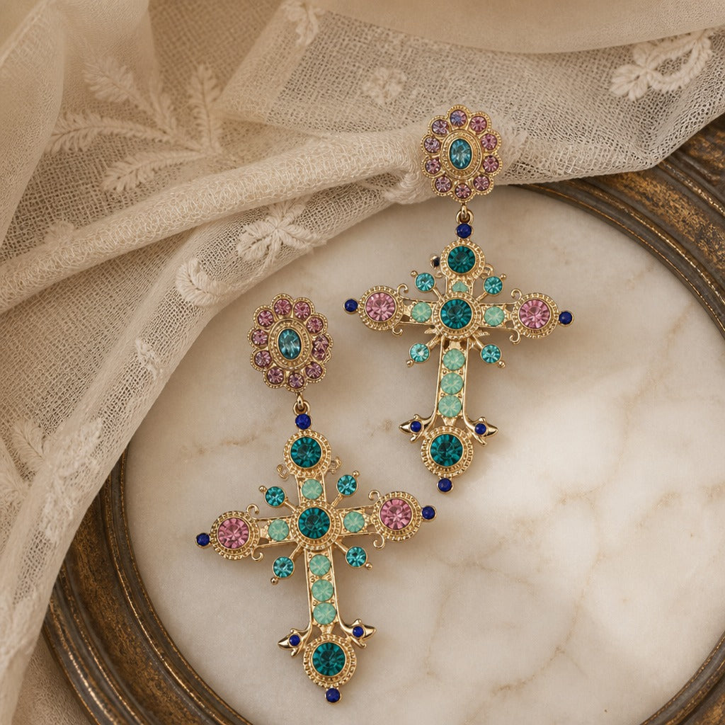Cross Gemstone Drop Earrings with Rosette Studs and Filigree Detail — view 2