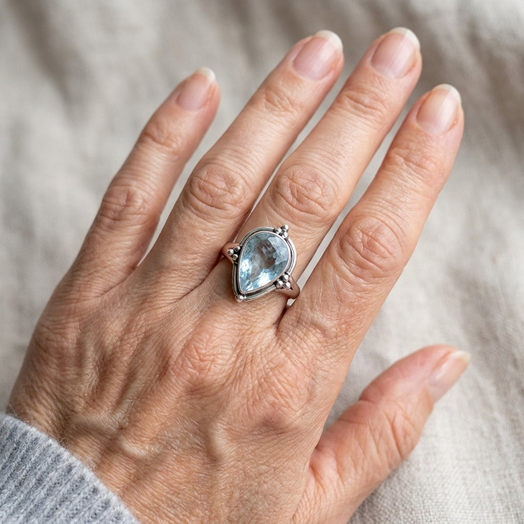 teardrop aquamarine ring sterling silver asr9000 — lifestyle