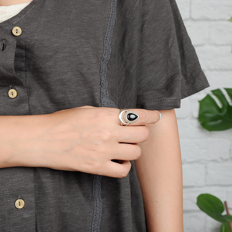 Crescent Moon Black Tourmaline Ring with Teardrop Cabochon in Sterling Silver