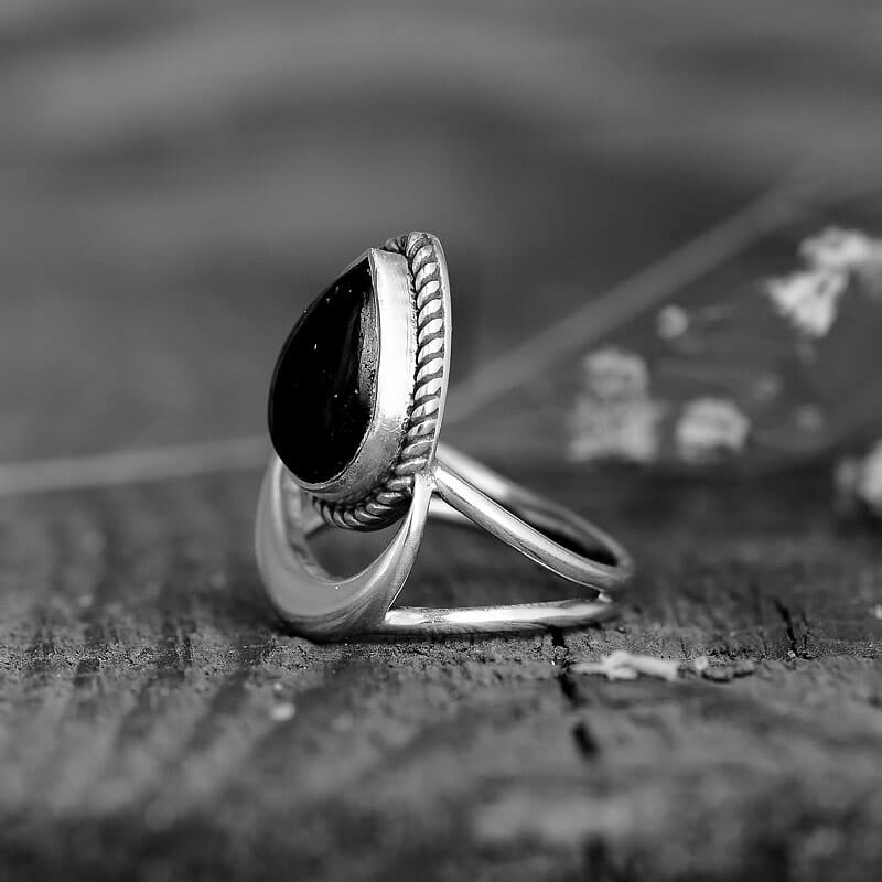 Crescent Moon Black Tourmaline Ring with Teardrop Cabochon in Sterling Silver