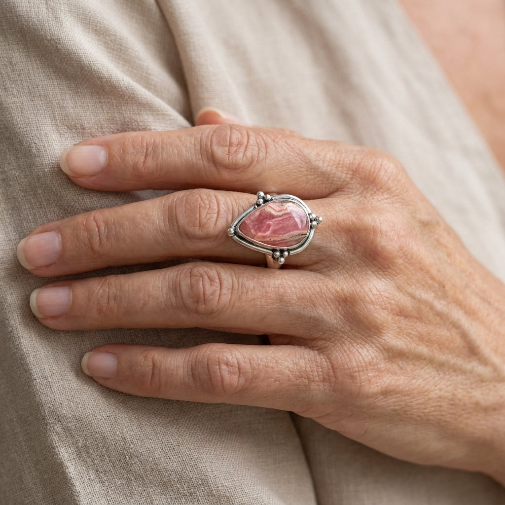 teardrop rhodochrosite ring sterling silver asr9331 — lifestyle