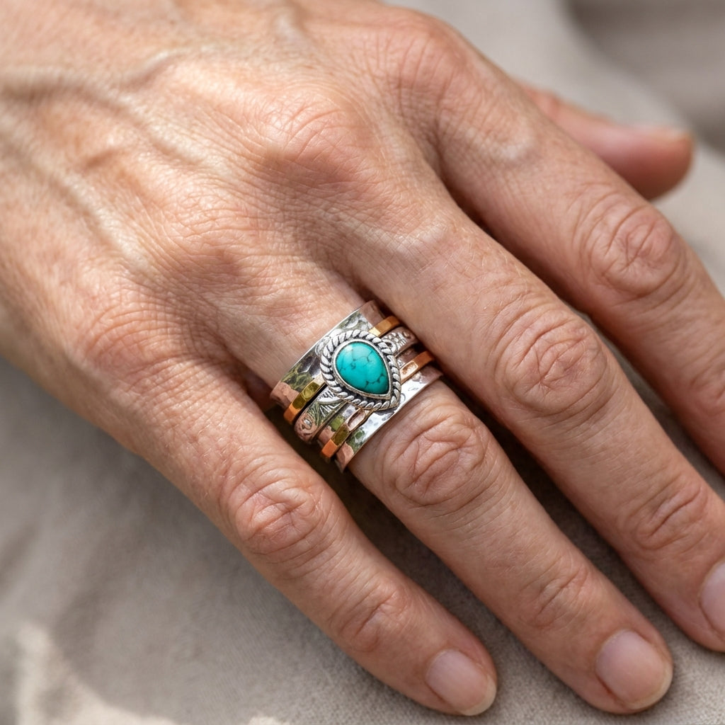 teardrop turquoise fidget ring sterling silver asr9406 — lifestyle