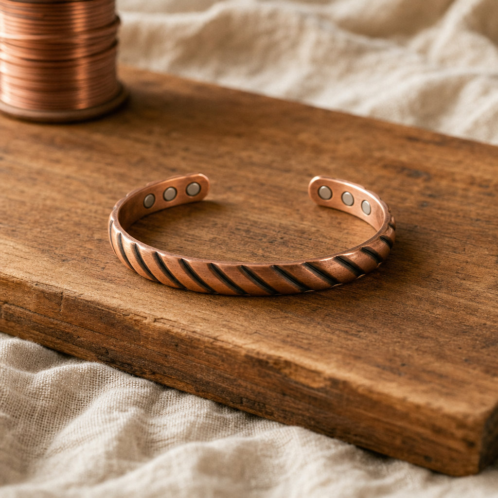 Copper Cuff Bracelet, Twisted Texture, Adjustable — Hand-Shaped Pure Copper Jewelry — main image