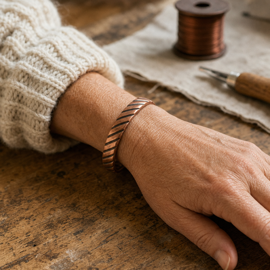 Copper Cuff Bracelet, Twisted Texture, Adjustable — Hand-Shaped Pure Copper Jewelry — view 2