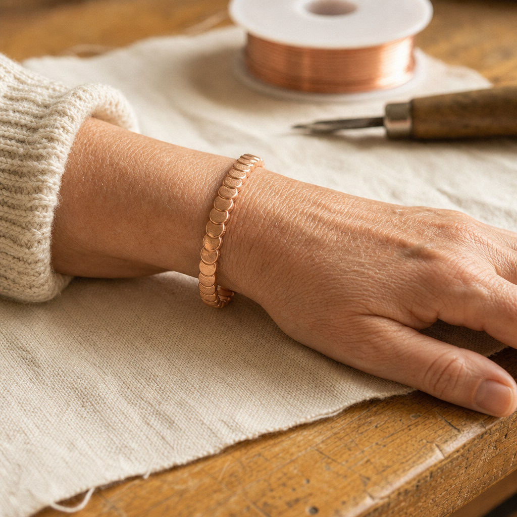 Rose Copper Cuff Bracelet, 99.9% Pure Copper, Hammered Scalloped Teardrop Design — Adjustable Open Cuff — view 2