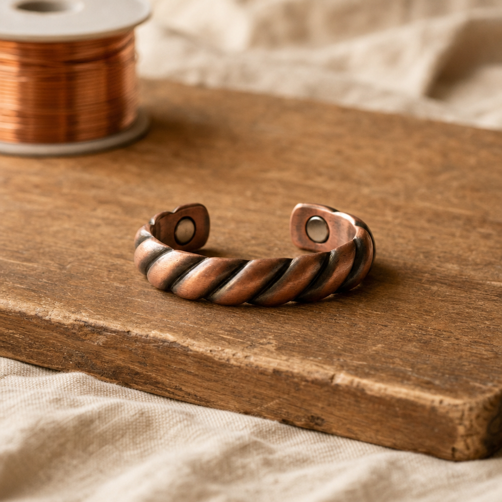 Copper Cuff Bracelet with Twisted Rope Design and Magnetic Closure — Adjustable Wellness Bracelet — main image