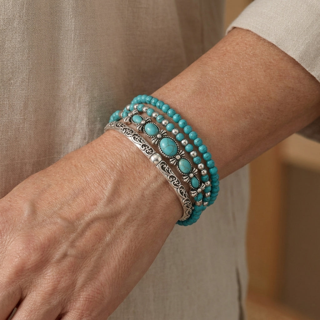 turquoise beaded bracelet set 5 piece silver tone boho — lifestyle