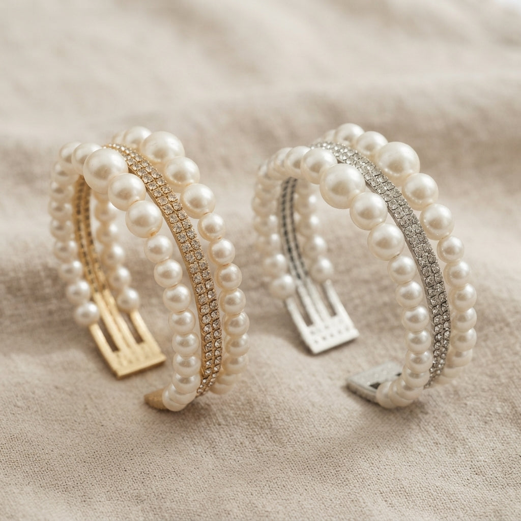 Multi-Strand Baroque Pearl Cuff Bracelet with Rhinestone Accents, Gold or Silver Tone — main image