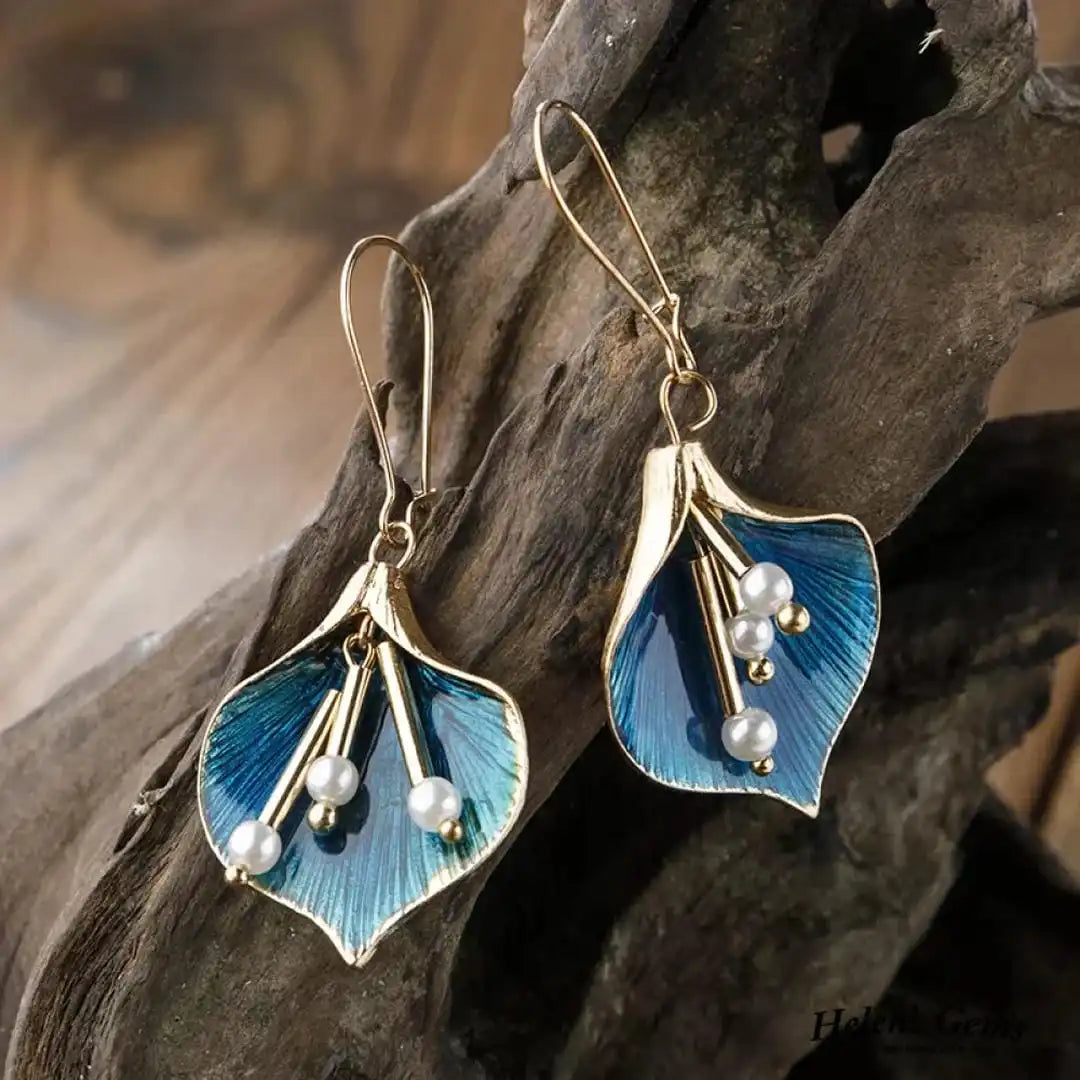 Vintage-Inspired Teal Lotus Drop Earrings with Pearl Accents and Gold-Tone Fish Hook Wires — main image
