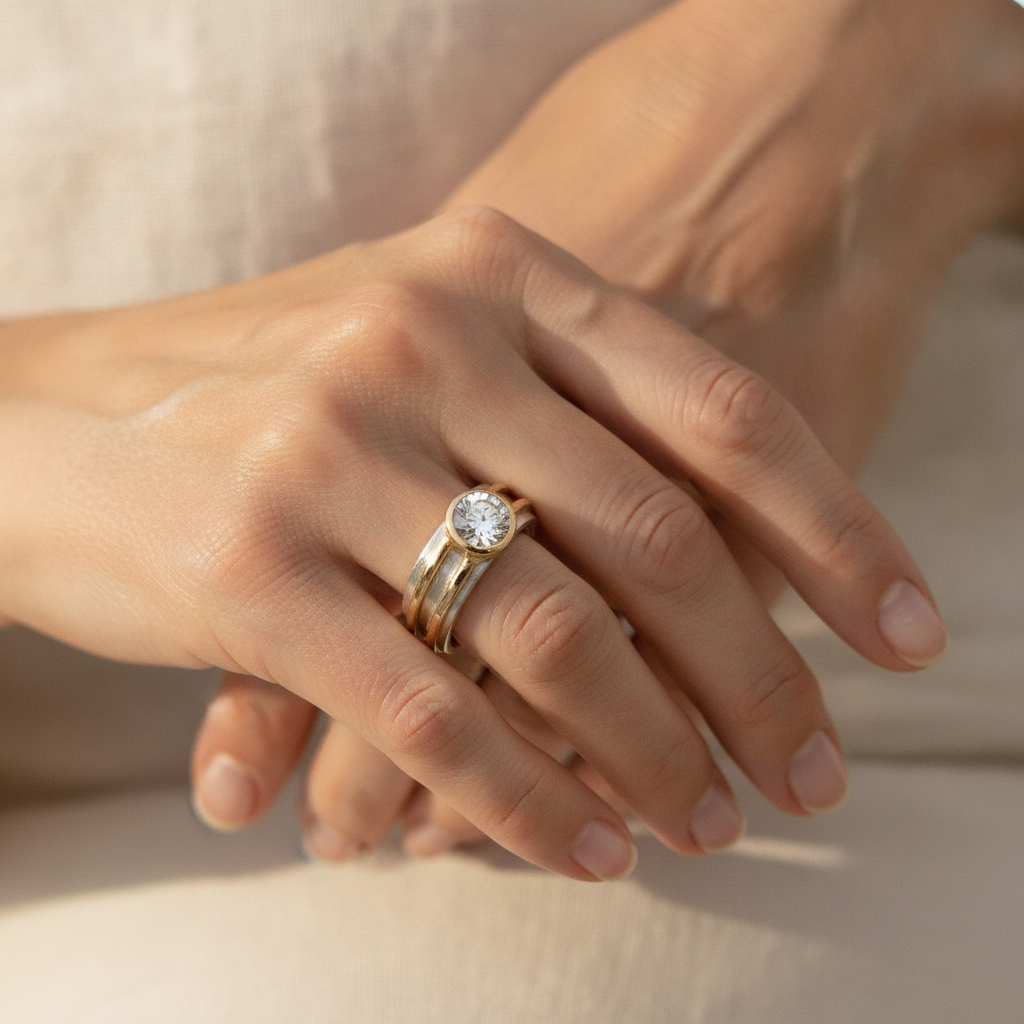 vintage fine zirconia gold silver ring set 1 — lifestyle