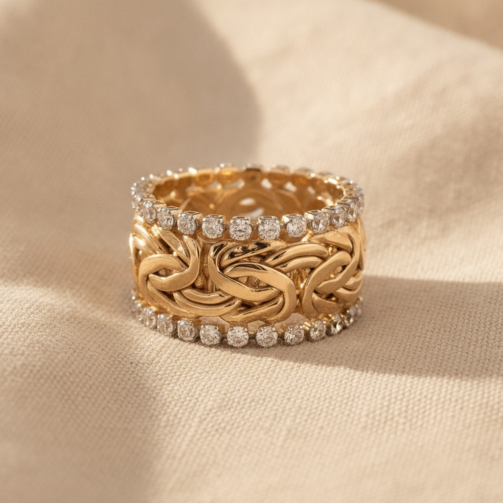 vintage gold braided zirconia ring — studio
