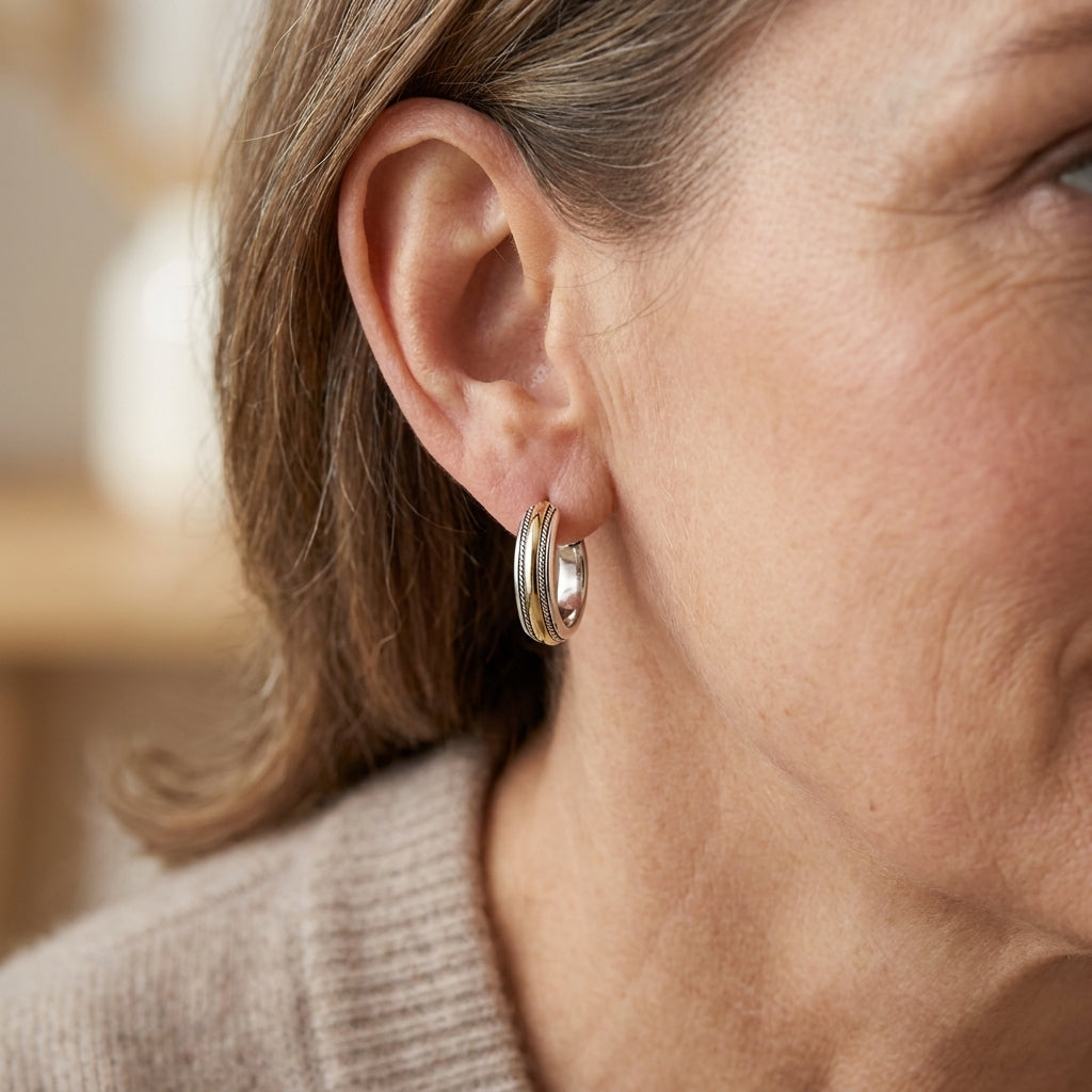 vintage golden line silver hoop earrings — lifestyle