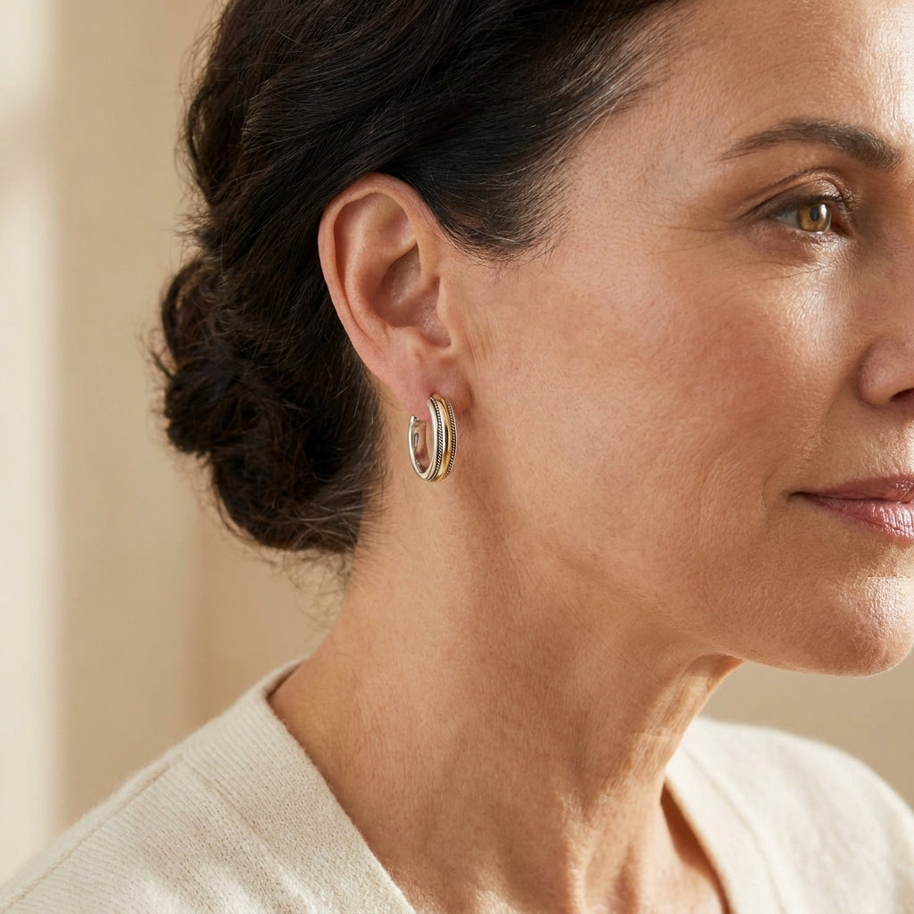 vintage golden line silver hoop earrings — lifestyle