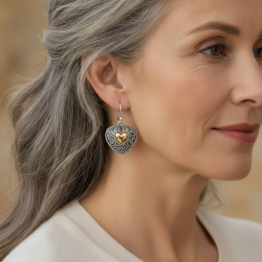 vintage heart shaped copper material craftsman carved texture earrings for women bohemian style two tone heart shaped pendant earrings — lifestyle
