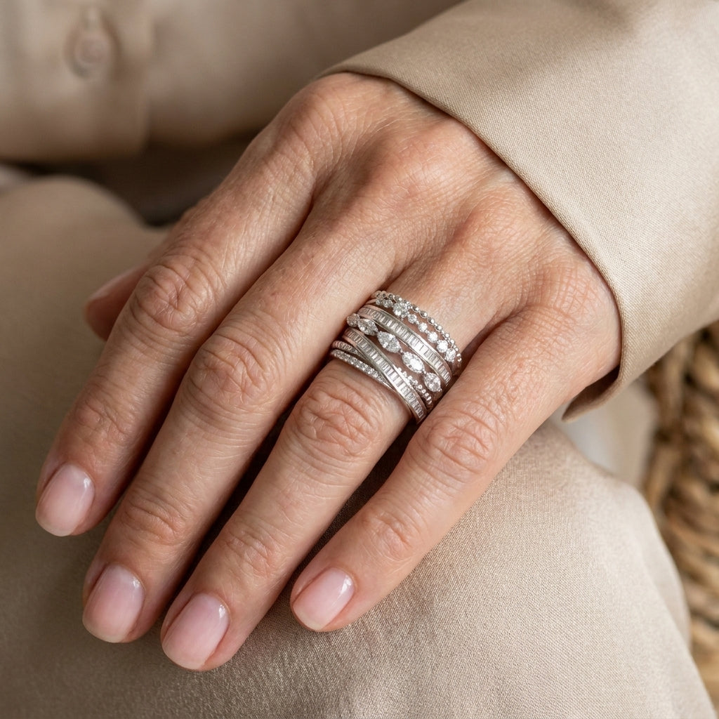 vintage layered zirconia silver ring — lifestyle