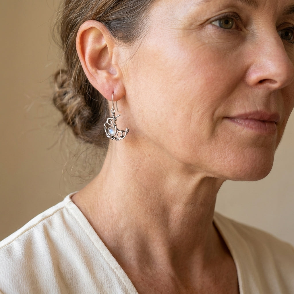 vintage moonstone asymmetric sun moon earrings — lifestyle