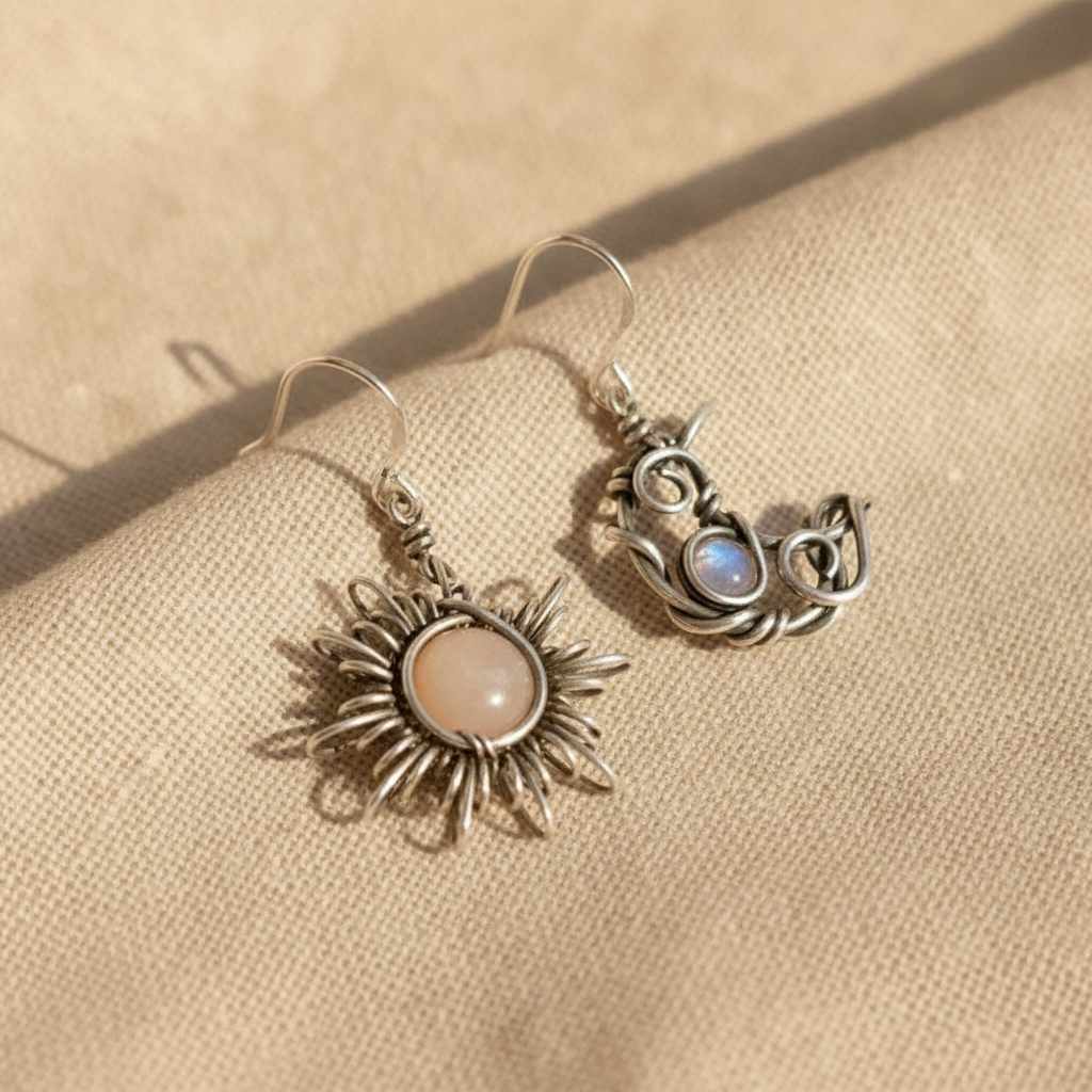 vintage moonstone asymmetric sun moon earrings — studio