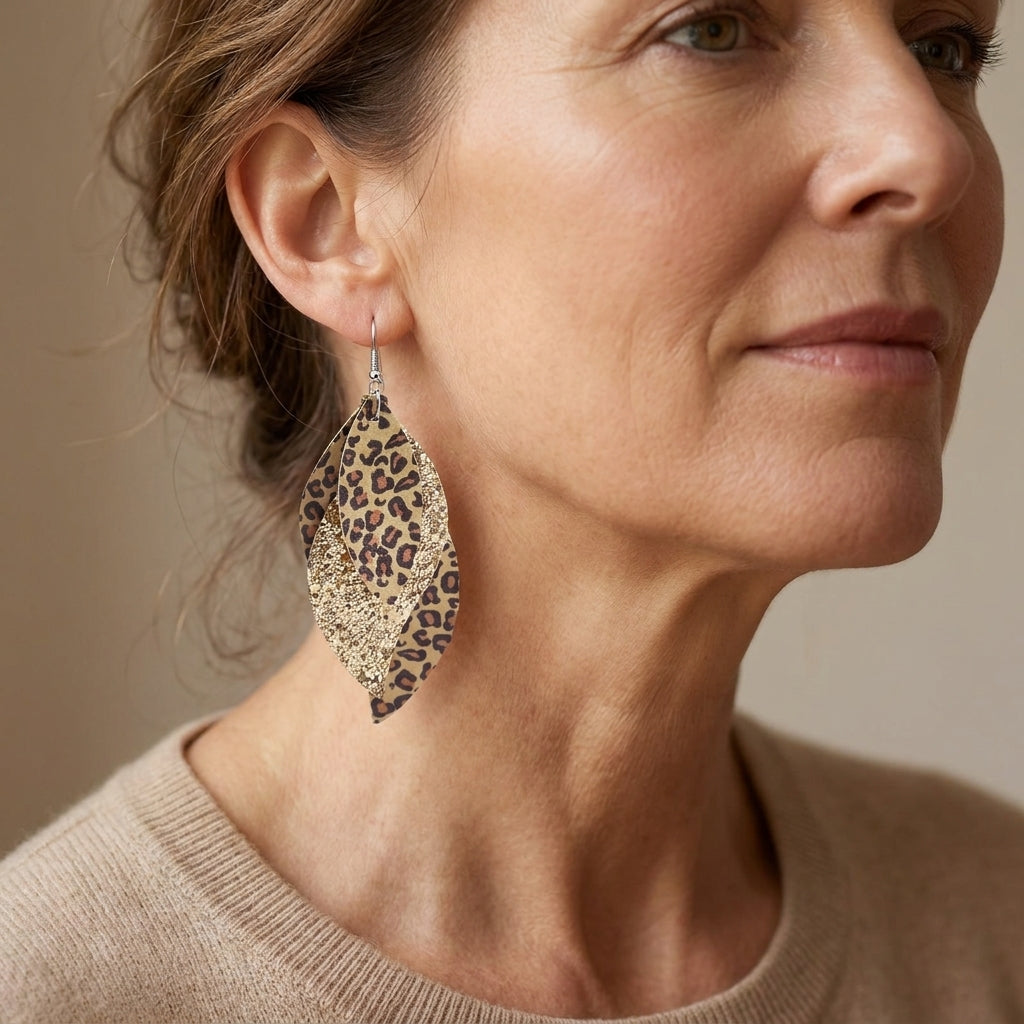 vintage triple leopard pu leather sequin layer earrings — lifestyle